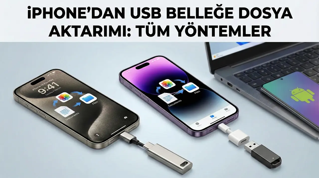 iPhone 15 ve önceki Lightning modellerinden dönüştürücü adaptör ile USB belleğe dosya aktarımını ve bağlantı yöntemlerini gösteren kapak görseli