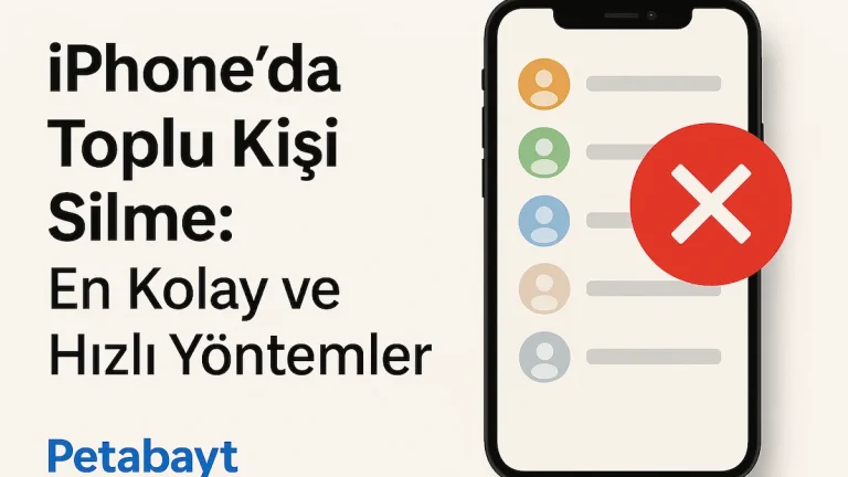 iPhone’da toplu kişi silme işlemini gösteren kapak görseli, Kişiler uygulaması ekranında birden fazla kişi silme simgesi yer alıyor