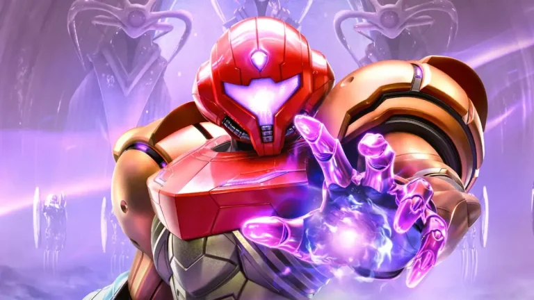 Metroid Prime 4: Beyond oyununda Samus Aran’ın psionik güçlerini kullanırken mor enerjiyle parlayan zırhlı görünümü