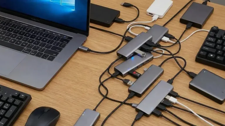 Dizüstü bilgisayara takılı çoklayıcı USB hub ve bağlı cihazlar