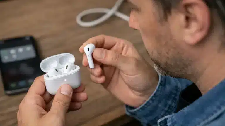 AirPods pil sorunu yaşayan kullanıcı, kulaklık ve şarj kutusunu kontrol ederken