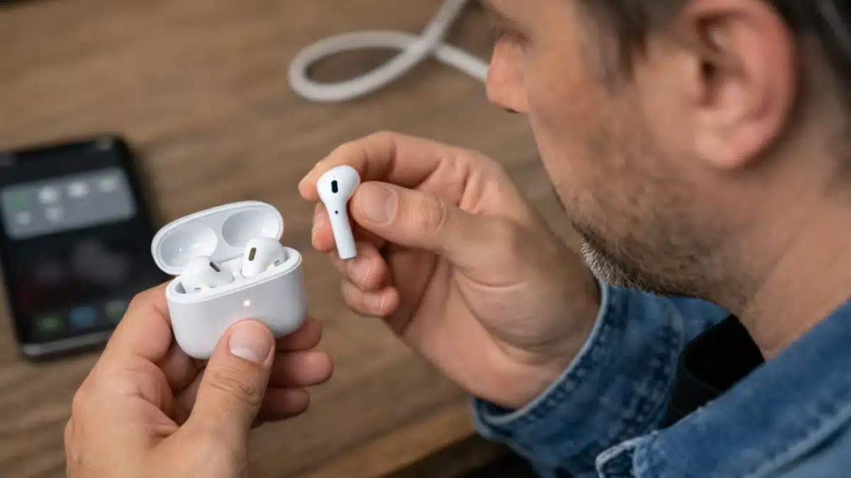 AirPods pil sorunu yaşayan kullanıcı, kulaklık ve şarj kutusunu kontrol ederken