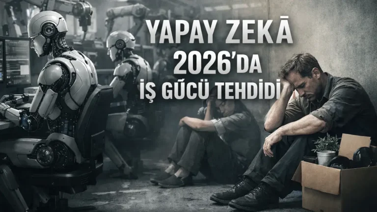 Yapay zekânın 2026 yılında iş gücü üzerindeki etkisini simgeleyen, robotların çalıştığı ve işini kaybetmiş çalışanların yer aldığı haber kapak görseli