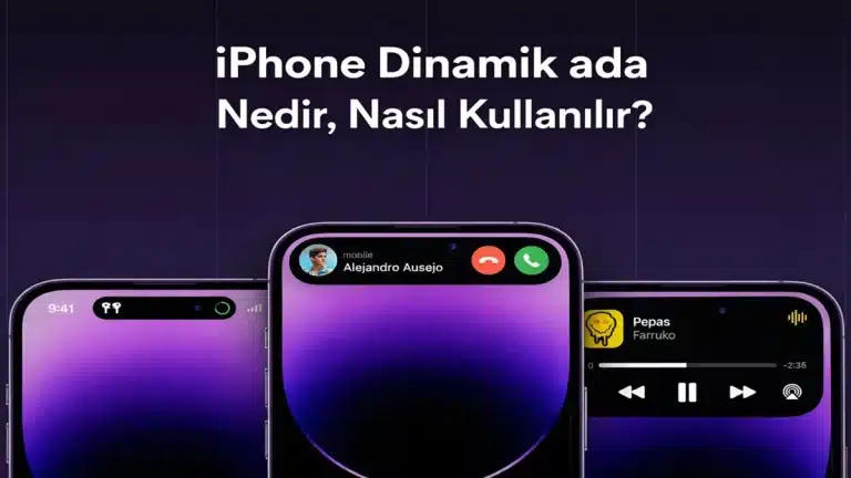 iPhone Dinamik Ada özelliğini gösteren üç iPhone ekranı; ortada gelen arama, sağda müzik oynatma kontrolleri ve üstte “iPhone Dinamik ada Nedir, Nasıl Kullanılır?” başlığı.