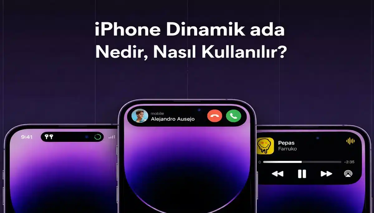 iPhone Dinamik Ada özelliğini gösteren üç iPhone ekranı; ortada gelen arama, sağda müzik oynatma kontrolleri ve üstte “iPhone Dinamik ada Nedir, Nasıl Kullanılır?” başlığı.