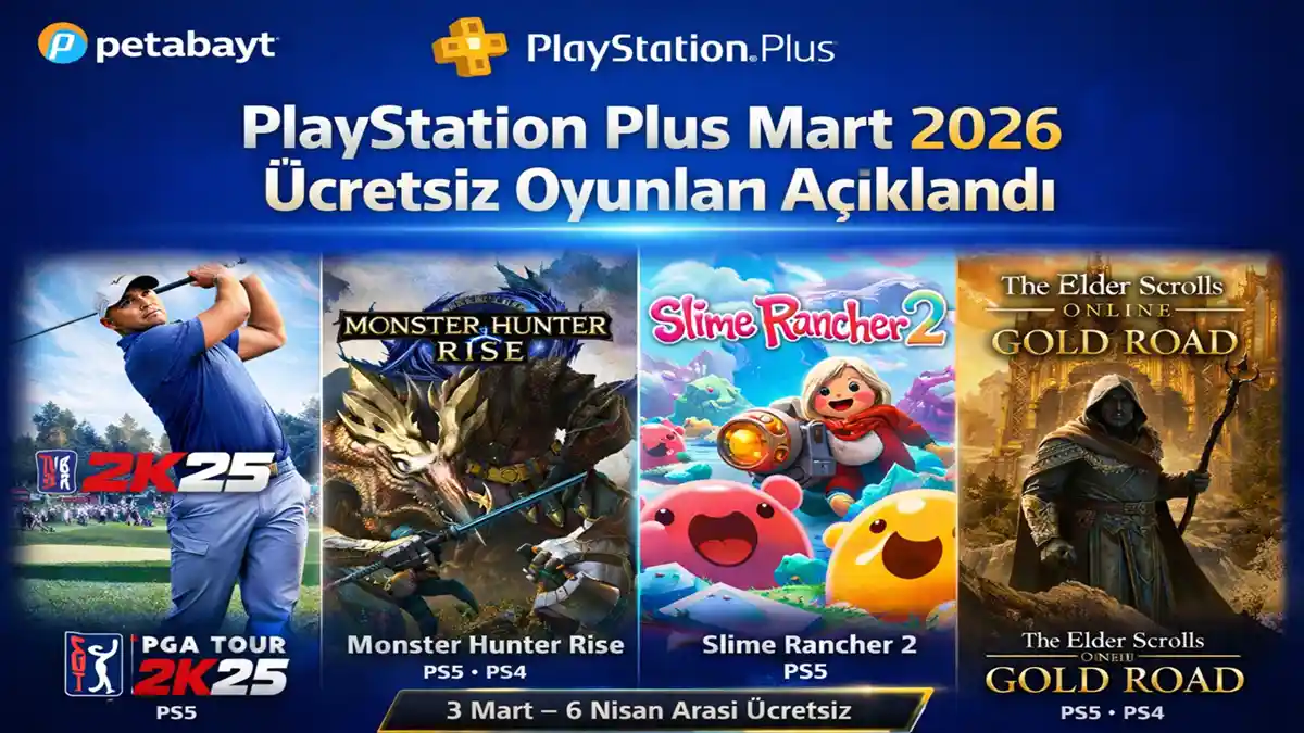 PlayStation Plus Mart 2026 ücretsiz oyunları: PGA Tour 2K25, Monster Hunter Rise, Slime Rancher 2 ve The Elder Scrolls Online Gold Road kapak görseli