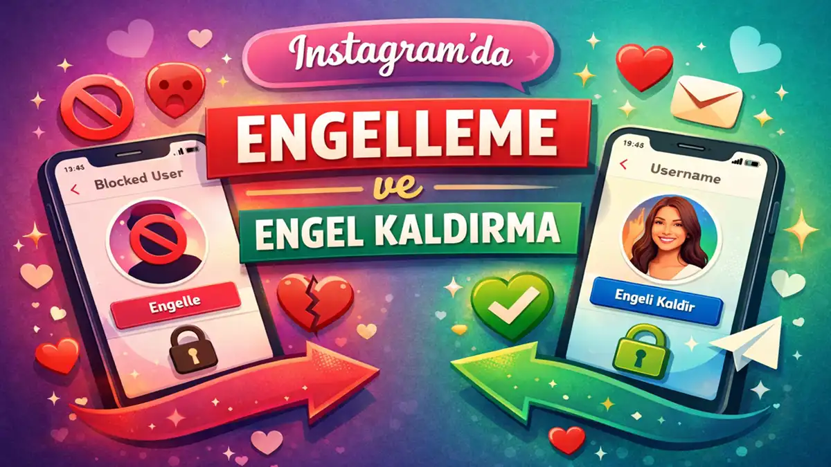 Instagram’da bir kullanıcıyı engelleme ve engeli kaldırma işlemlerini anlatan, iki telefon ekranında “Engelle” ve “Engeli Kaldır” seçeneklerinin gösterildiği rehber görseli.