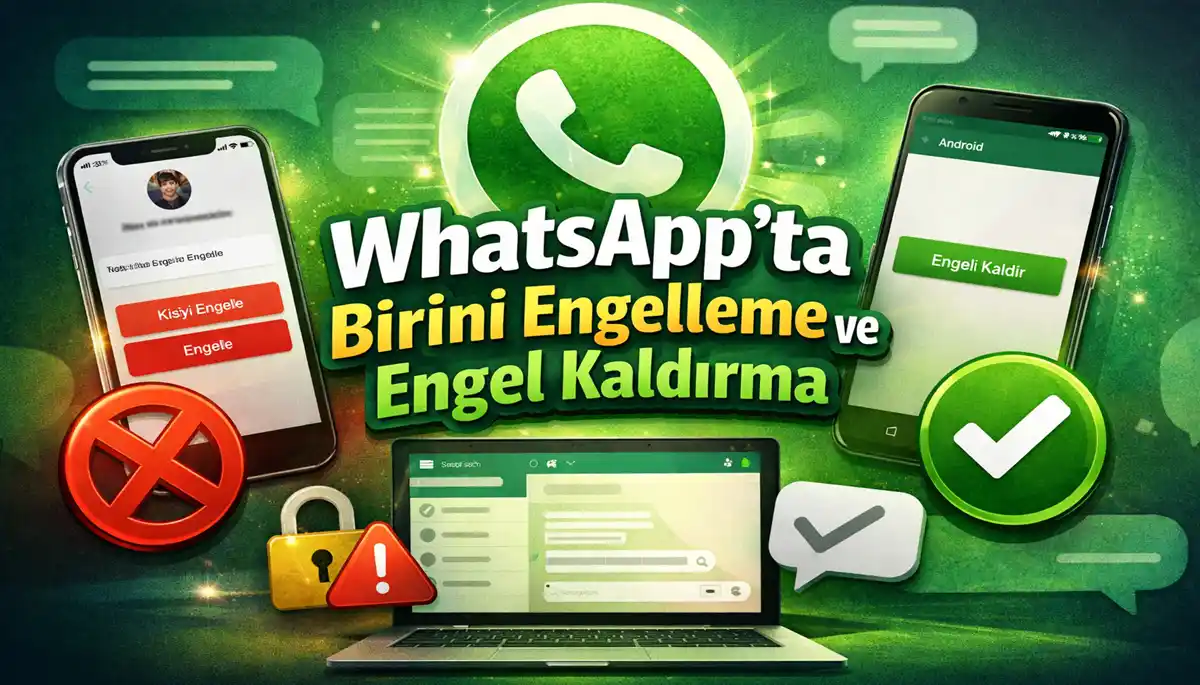 WhatsApp’ta birini engelleme ve engeli kaldırma adımlarını gösteren iPhone ve Android ekranları