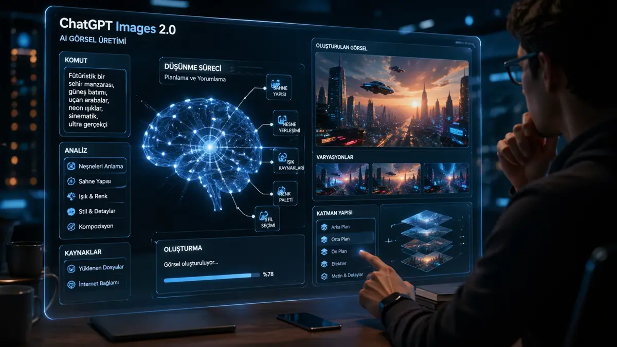 ChatGPT Images 2.0 ile yapay zekanın düşünerek görsel üretmesini simgeleyen futuristik arayüz
