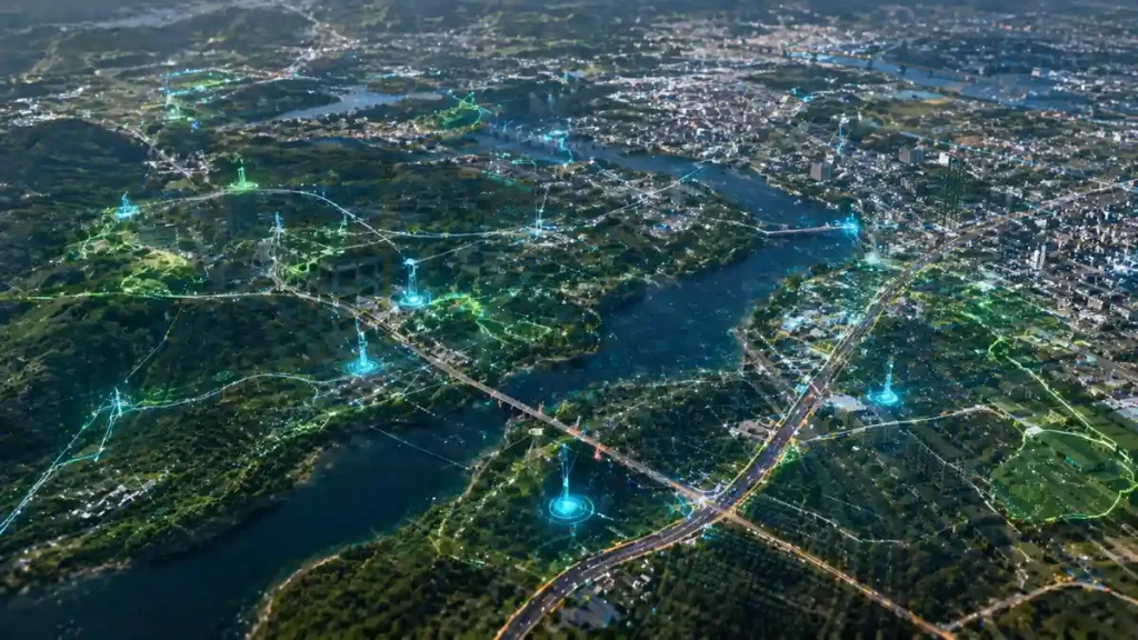 Google Earth üzerinde yapay zeka ile analiz edilen uydu görüntüsü, yollar, köprüler ve altyapı unsurlarının veri katmanlarıyla görselleştirilmesi