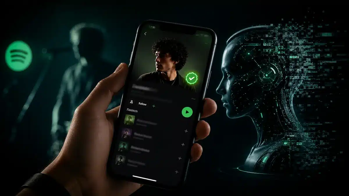 Spotify uygulamasında doğrulanmış sanatçı rozeti bulunan müzisyen profili ve yapay zekâ ile insan sanatçı karşılaştırması görseli