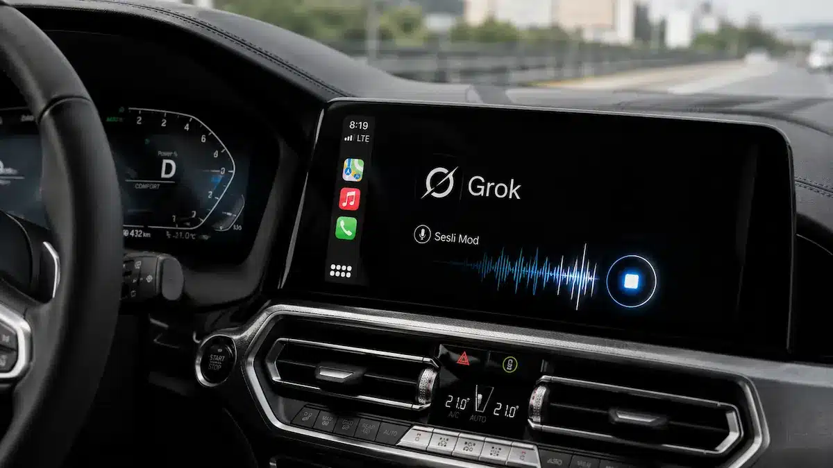 Apple CarPlay üzerinde çalışan yapay zekâ asistanı Grok ve sesli komut arayüzü görseli