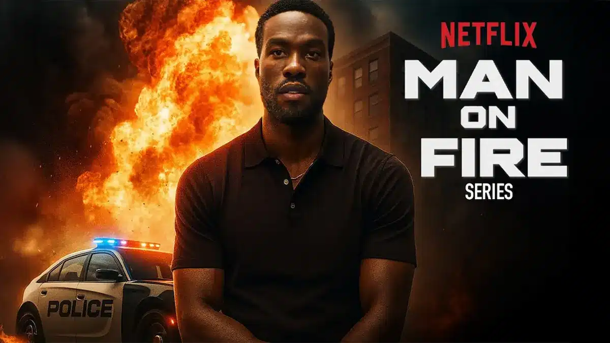 Netflix Man on Fire dizisinde Yahya Abdul-Mateen II, arka planda patlama ve polis aracıyla aksiyon sahnesi