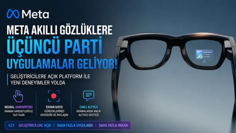 Meta akıllı gözlük üzerinde ekran deneyimi ve üçüncü parti uygulama desteğini gösteren modern teknoloji görseli