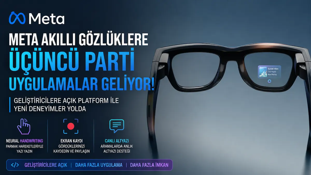 Meta akıllı gözlük üzerinde ekran deneyimi ve üçüncü parti uygulama desteğini gösteren modern teknoloji görseli