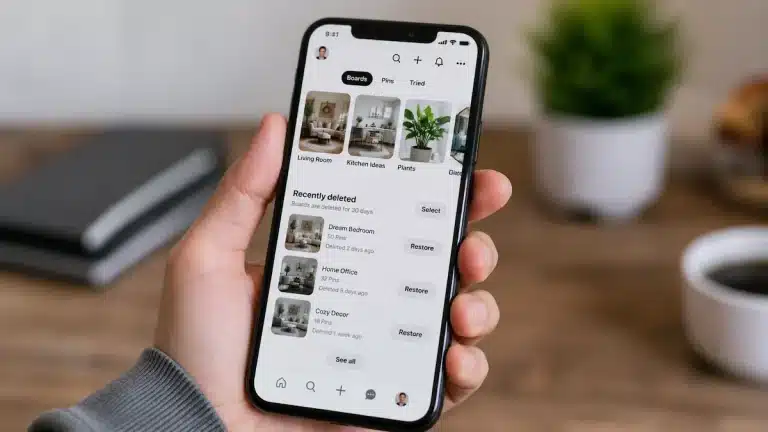 Pinterest mobil uygulamasında silinen panoyu geri yükleme ekranı ve pano kurtarma işlemi