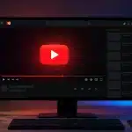 Reklamsız YouTube izleme konseptini gösteren modern masaüstü kurulumunda, büyük ekranda video oynatıcı arayüzü ve parlak oynat tuşu görseli