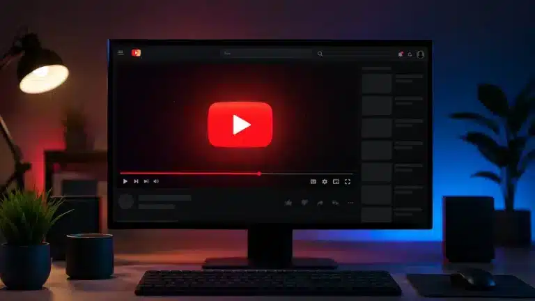 Reklamsız YouTube izleme konseptini gösteren modern masaüstü kurulumunda, büyük ekranda video oynatıcı arayüzü ve parlak oynat tuşu görseli