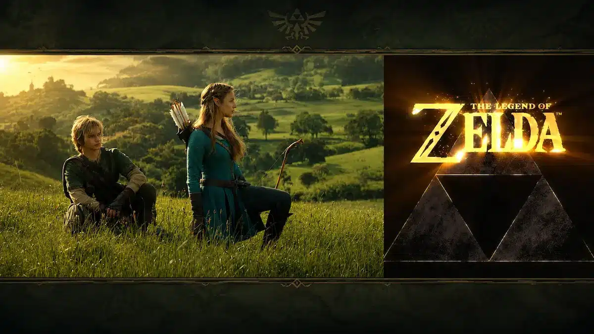The Legend of Zelda canlı aksiyon filmine ait sahnede Link ve Zelda’nın doğa içinde sinematik görünümü ve yanında Zelda logosu