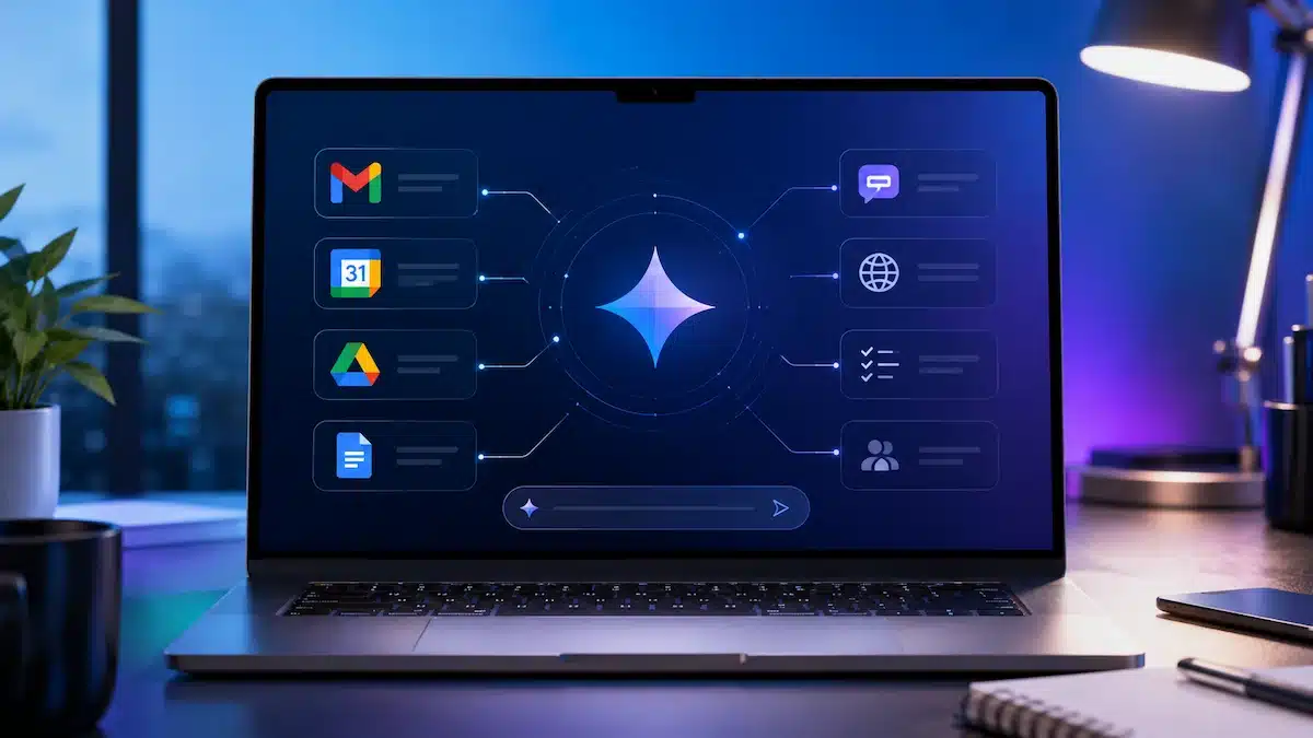 Google Gemini Spark yapay zeka ajanı Gmail Takvim Drive ve web görevleriyle çalışırken gösteren konsept görsel