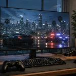 Oyun monitöründe GTA 5 tarzı şehir manzarası ve yanında duran kontrolcü ile klavye