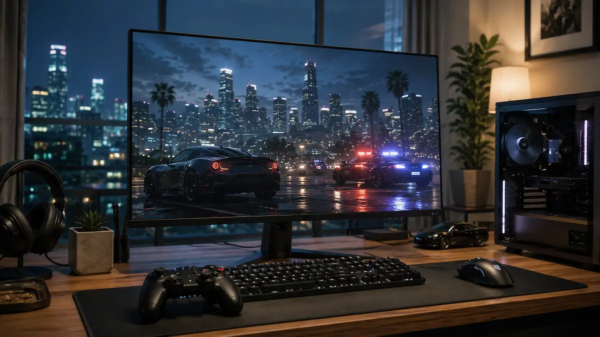 Oyun monitöründe GTA 5 tarzı şehir manzarası ve yanında duran kontrolcü ile klavye
