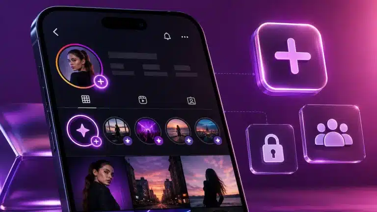 Instagram Plus aboneliğini temsil eden akıllı telefon ekranı ve premium Hikaye özellikleri konsepti