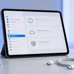 Masa üzerinde duran iPad ekranında yedekleme ve sıfırlama simgeleri, yanında USB-C kablosu