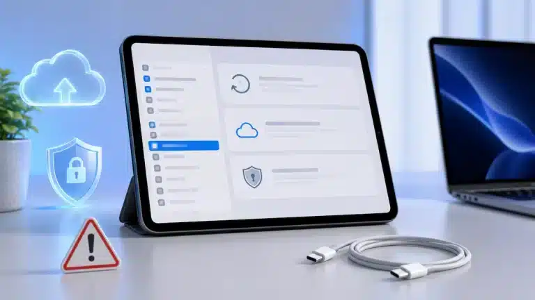 Masa üzerinde duran iPad ekranında yedekleme ve sıfırlama simgeleri, yanında USB-C kablosu