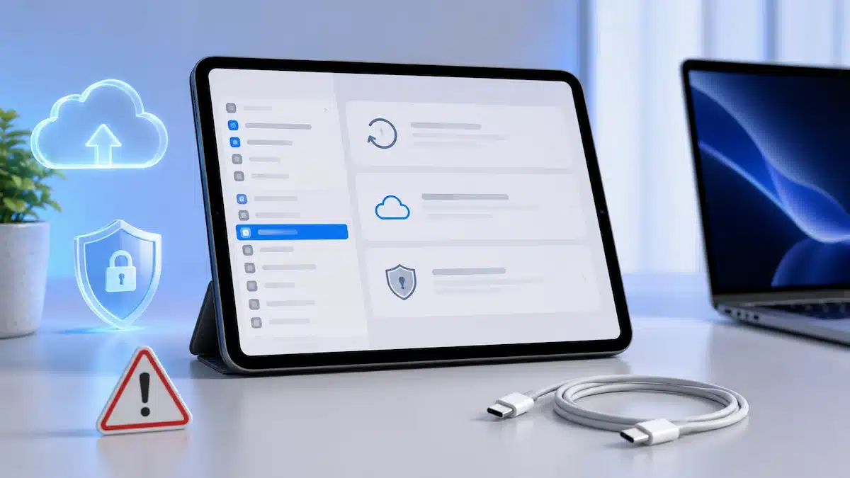 Masa üzerinde duran iPad ekranında yedekleme ve sıfırlama simgeleri, yanında USB-C kablosu