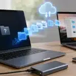 Çalışan bir Mac’e bağlı harici disk ve veri kurtarma işlemini temsil eden dosya simgeleri
