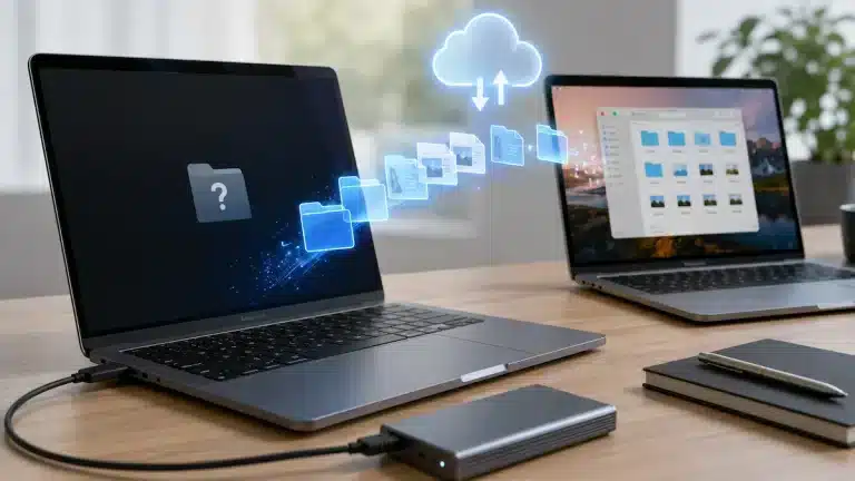 Çalışan bir Mac’e bağlı harici disk ve veri kurtarma işlemini temsil eden dosya simgeleri