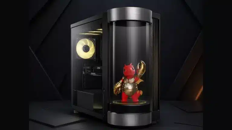 MSI MEG Vision X2 AI+ oyuncu bilgisayarında silindirik AI Holostage ekranı ve LuckyClaw yapay zeka karakteri görünüyor.