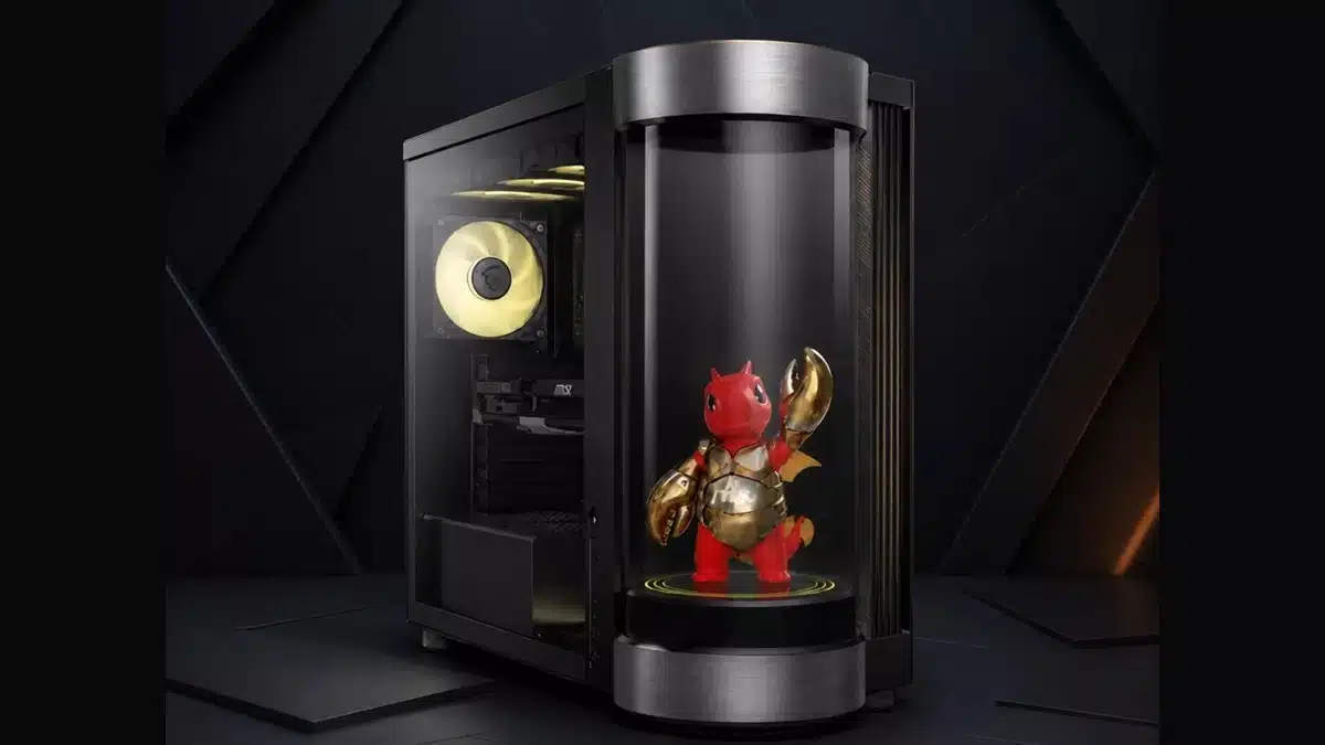 MSI MEG Vision X2 AI+ oyuncu bilgisayarında silindirik AI Holostage ekranı ve LuckyClaw yapay zeka karakteri görünüyor.