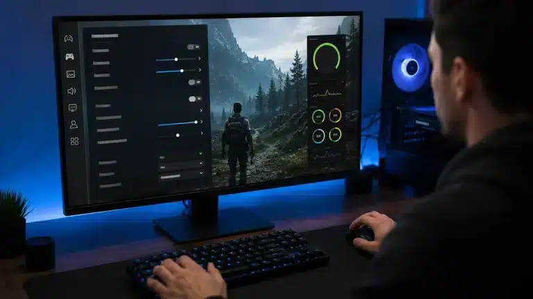 Oyuncu bilgisayarında grafik ayarları ve FPS optimizasyonu yapılan modern oyun ekranı