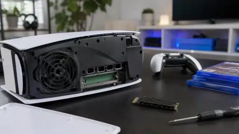 PS5 depolama alanını artırmak için M.2 SSD ve heatsink hazırlığı yapılan gerçekçi oyun odası sahnesi