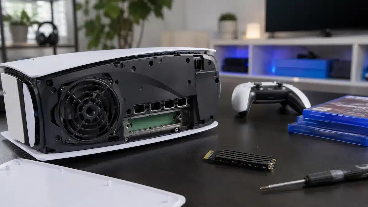 PS5 depolama alanını artırmak için M.2 SSD ve heatsink hazırlığı yapılan gerçekçi oyun odası sahnesi