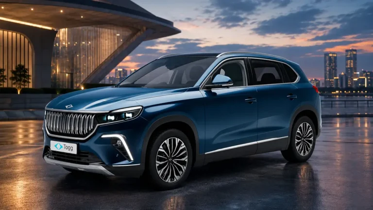 Modern şehir manzarası önünde ıslak zeminde duran mavi TOGG T10X elektrikli SUV