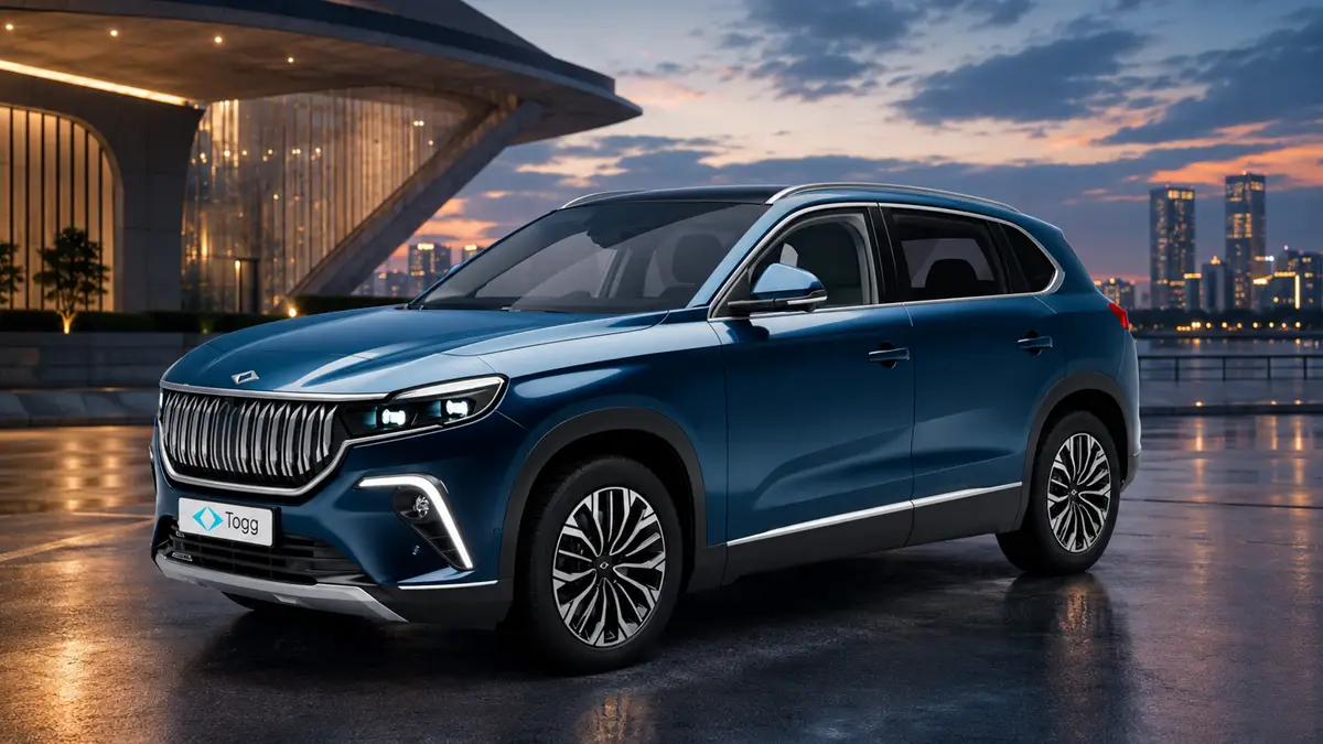 Modern şehir manzarası önünde ıslak zeminde duran mavi TOGG T10X elektrikli SUV