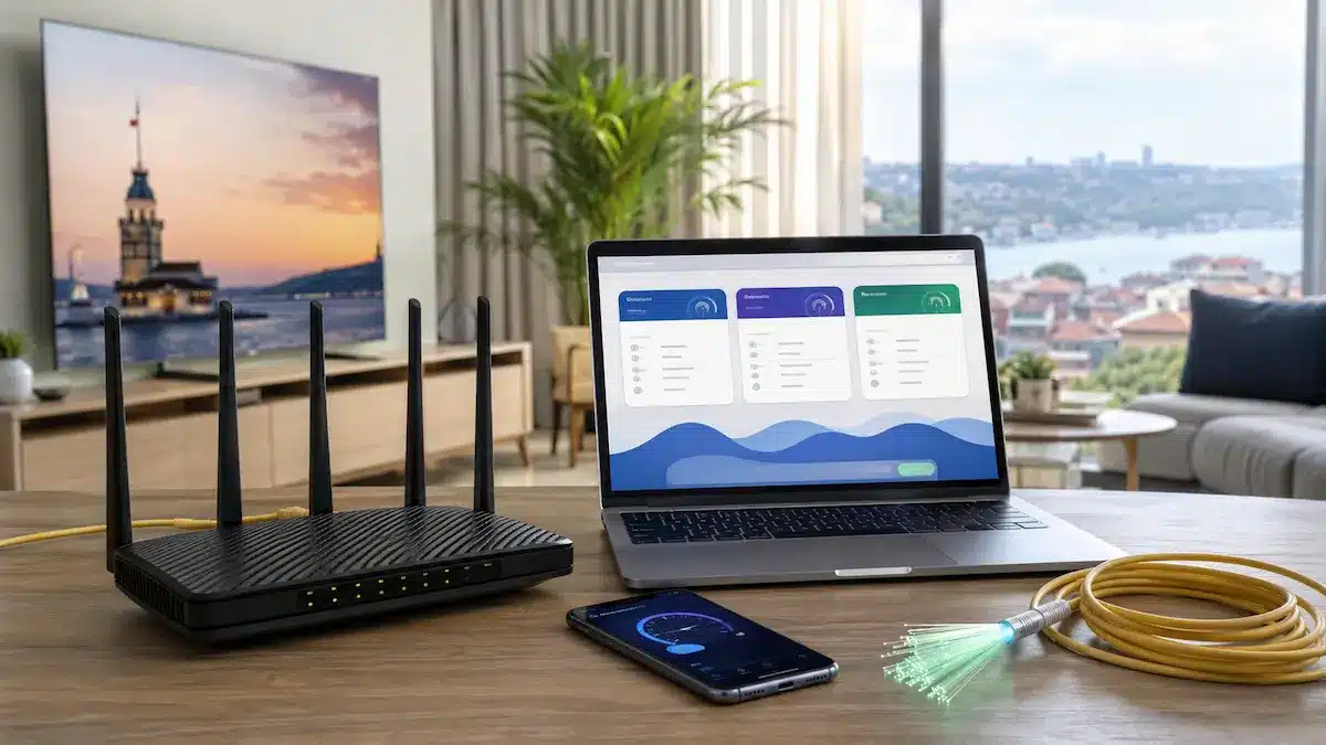 Evde modem, laptop ve telefonda internet paketi karşılaştırması yapılan modern masa