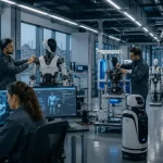 Modern bir robot fabrikasında insansı robot prototipi üzerinde çalışan mühendisler