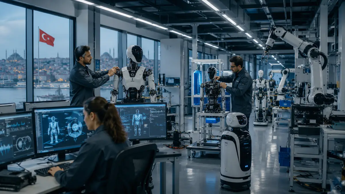Modern bir robot fabrikasında insansı robot prototipi üzerinde çalışan mühendisler