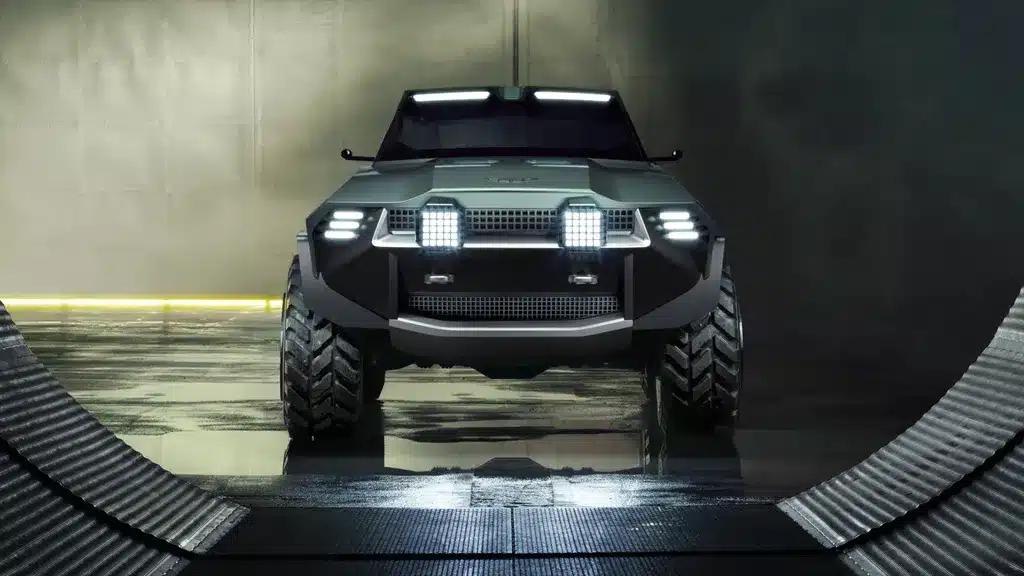 Call of Duty Modern Warfare 4 için tasarlanan Aston Martin Dreadnought, ıslak zeminli askeri hangarda önden görünüşü