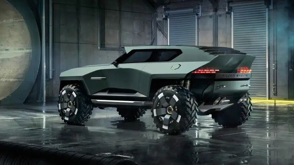 Call of Duty Modern Warfare 4 için tasarlanan Aston Martin Dreadnought, ıslak zeminli askeri hangarda sol arka çaprazdan görünümü