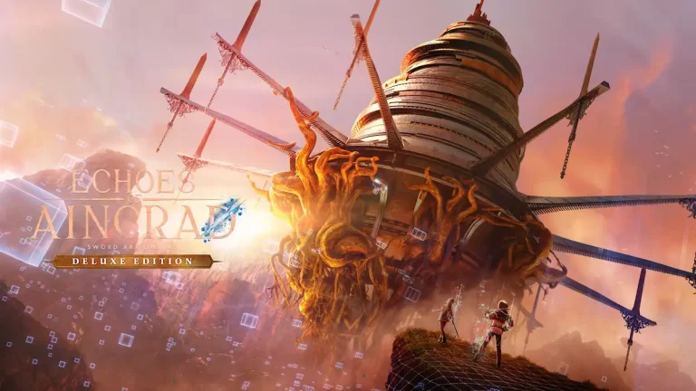 Echoes of Aincrad Deluxe Edition görselinde köklerle sarılı dev yüzen kale ve ona bakan iki savaşçı.