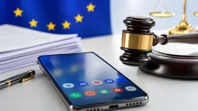 Google’ın Android işletim sistemi nedeniyle Avrupa Birliği’nde aldığı rekabet cezasını temsil eden akıllı telefon ve hukuk konsepti