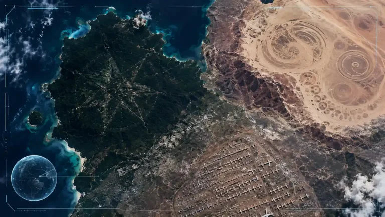Google Earth’te görülen siyah ada, çöl sembolleri ve uçak mezarlığından oluşan gizemli uydu görüntüsü