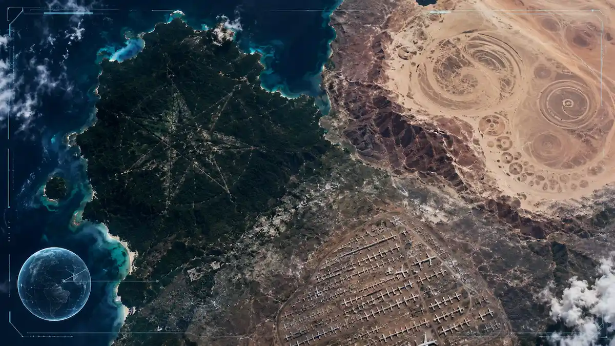Google Earth’te görülen siyah ada, çöl sembolleri ve uçak mezarlığından oluşan gizemli uydu görüntüsü