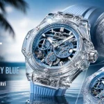 Şeffaf safir kristal kasaya ve gökyüzü mavisi iskelet kadrana sahip Hublot Big Bang Sapphire Sky Blue mekanik kol saati.