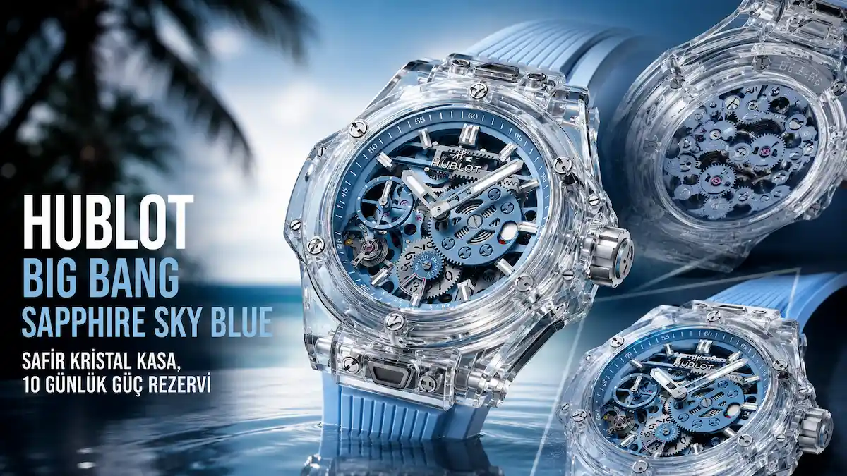 Şeffaf safir kristal kasaya ve gökyüzü mavisi iskelet kadrana sahip Hublot Big Bang Sapphire Sky Blue mekanik kol saati.